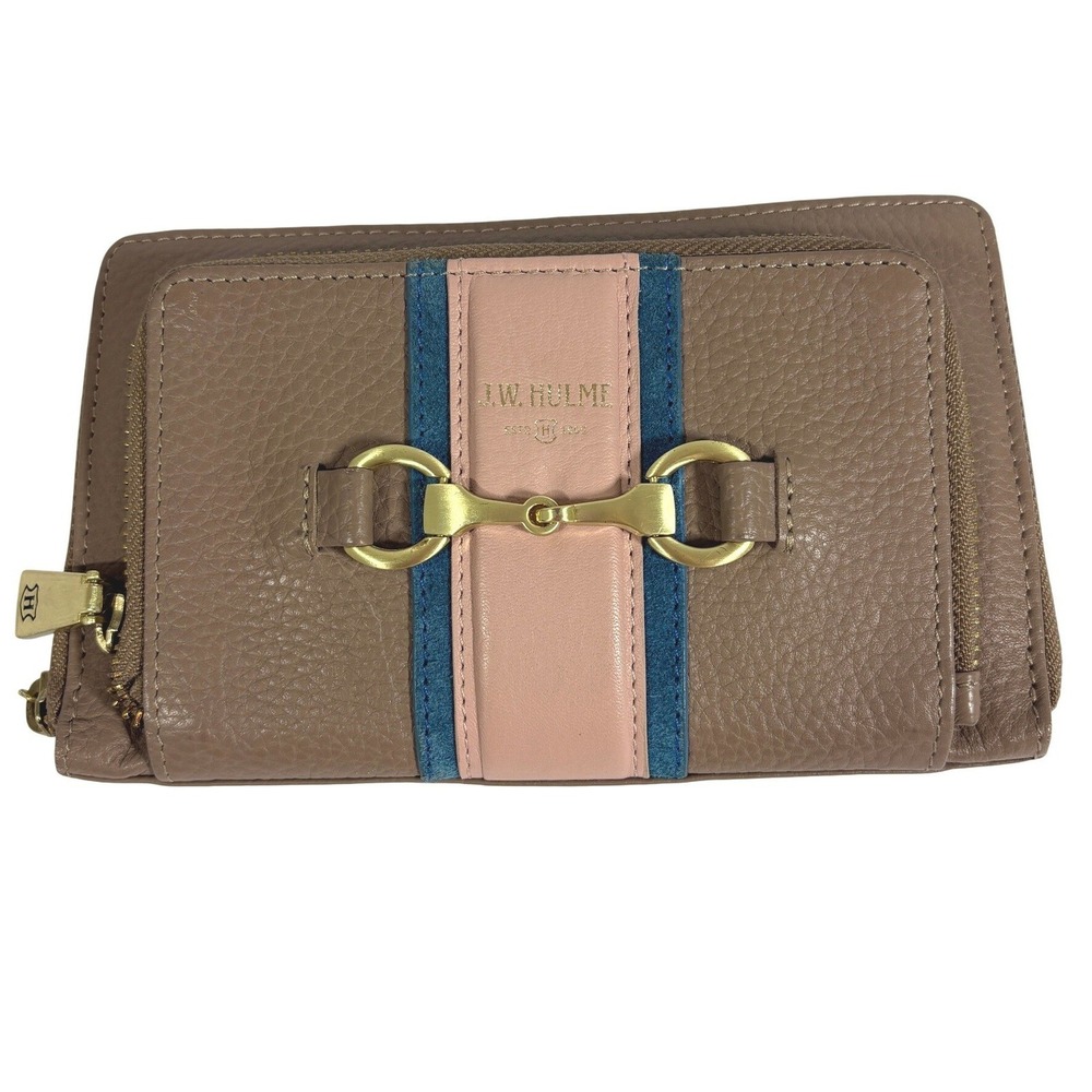 J.W. Hulme Co. Brown Pebbled Leather Horsebit Zip Around Wallet Pink Blue Stripe